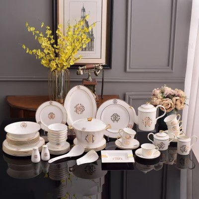 European luxury-style gilded bone china tableware set  of household bowls, plates and dishes suitable for business use. Available for wholesale
